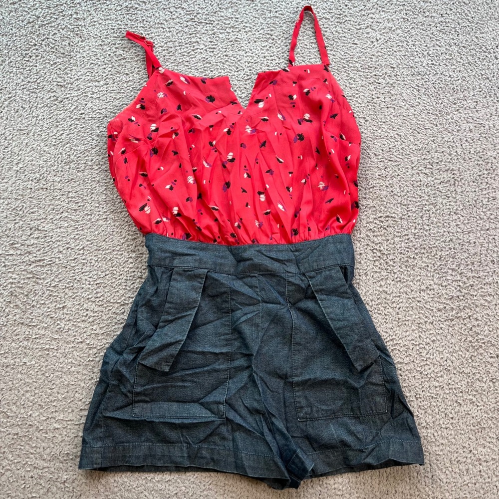 BCBGeneration Womens Red Abstract Print Denim Style Shorts Romper Size S